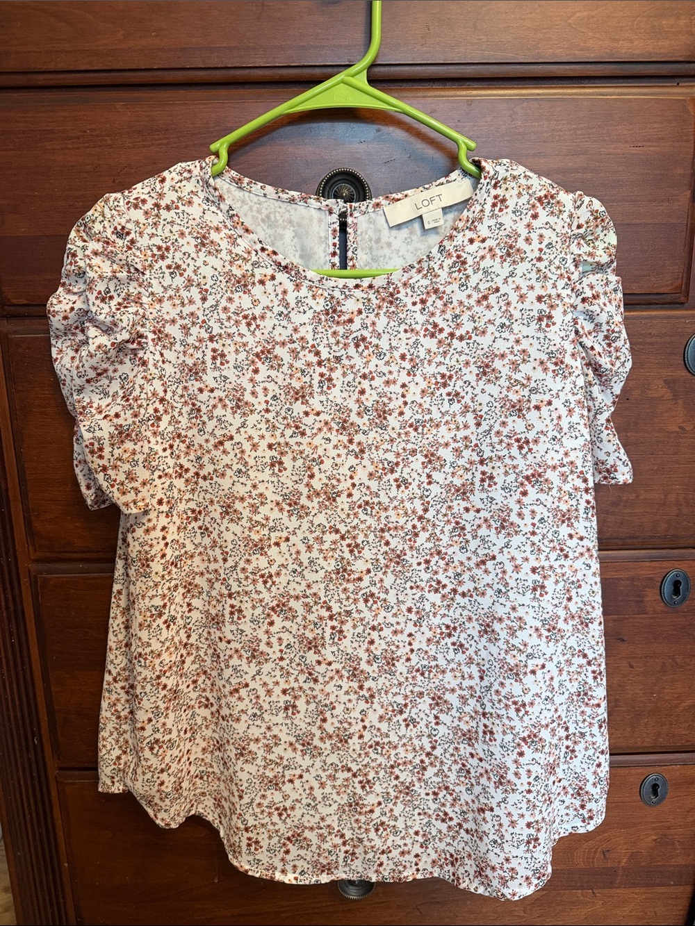 LOFT Cream Top with Rust Floral Print and Puff Sleeves